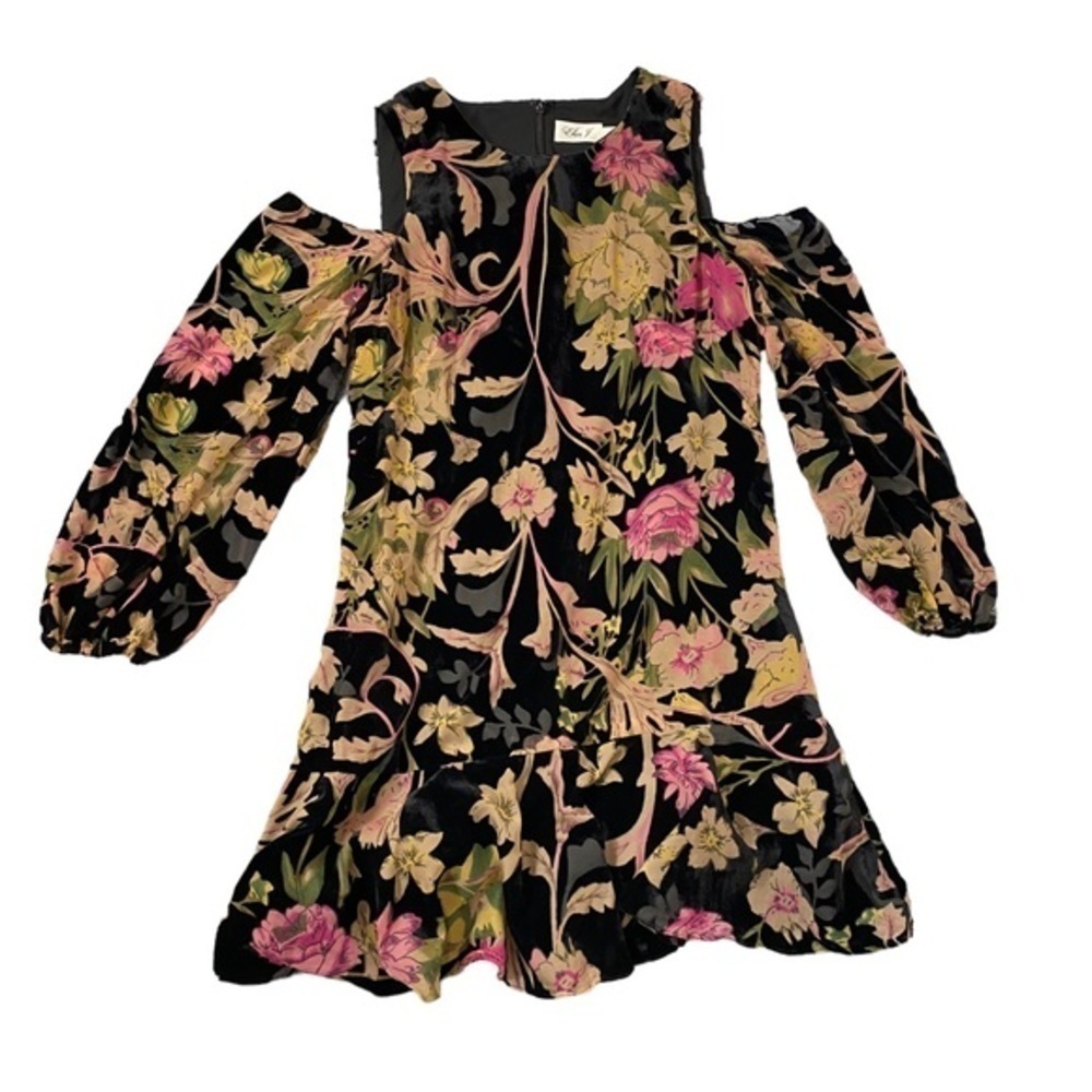 Eliza J Black Velvet Floral Burnout Mini Shift Dress Formal Cocktail Ruffle Hem - Picture 2 of 16